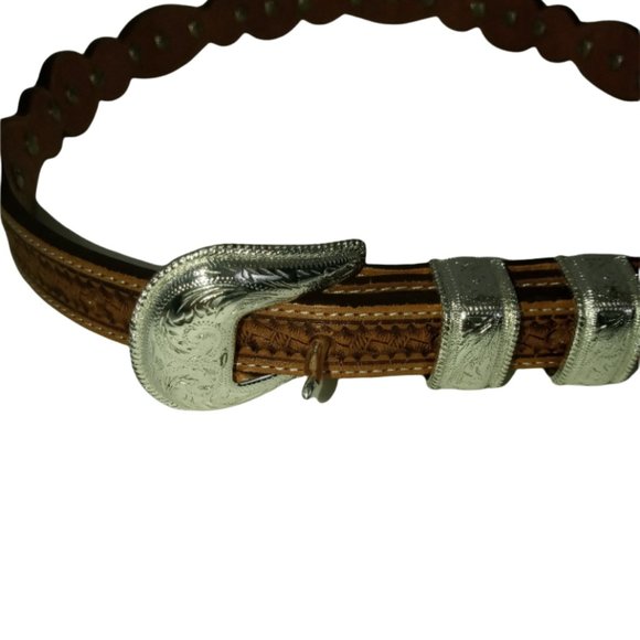 Tony Lama Belt, Brown Leather Western Belt Silver Tone Hardware Size 30 in Waist - Picture 2 of 13